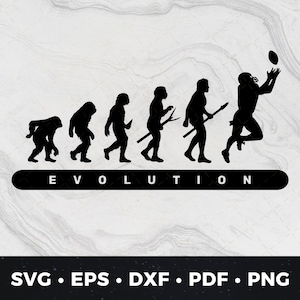 Op de afbeelding: Een zwart-witte silhouet-illustratie van de evolutie van de mens, eindigend met een American football-speler die een bal vangt. De tekst "EVOLUTION" staat onder de silhouetten.