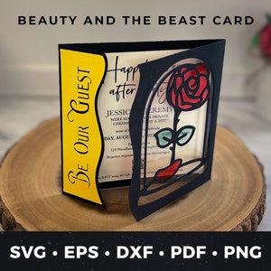 Modello di invito di nozze con rosa eterna incantata SVG, file di taglio della rosa, invito di La bella e la bestia, biglietto di auguri La bella e la bestia DXF png