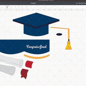 May include: A graduation cap, diploma, tassel, and banner with the text "Congrats Grad" in a blue, yellow, and red color scheme.