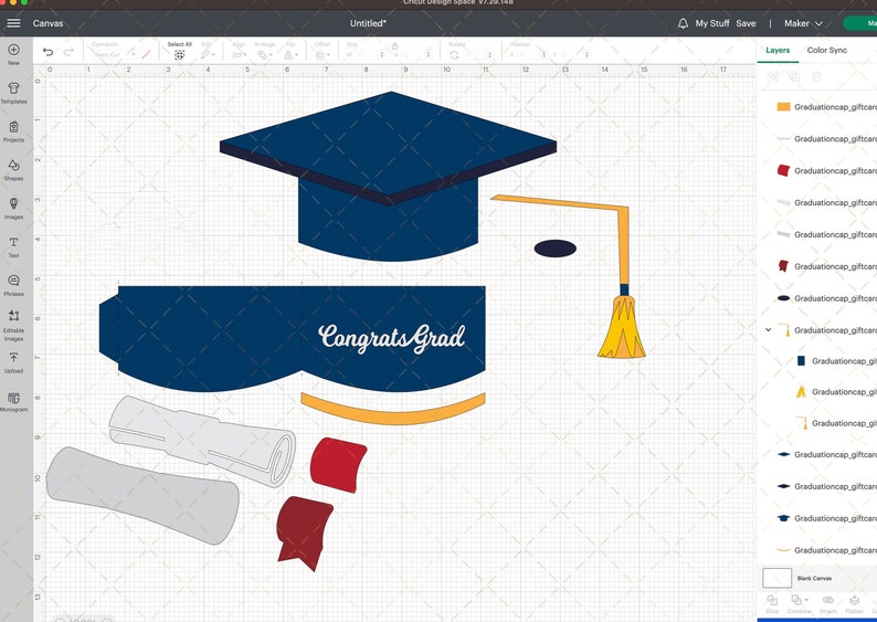 May include: A graduation cap, diploma, tassel, and banner with the text "Congrats Grad" in a blue, yellow, and red color scheme.