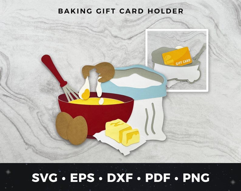 May include: A red bowl with a whisk, eggs, butter, and a bag of flour. The bowl is filled with yellow batter. A gift card holder is in the background with the words "Gift Card" on it. This is a digital cut file for a baking gift card holder.