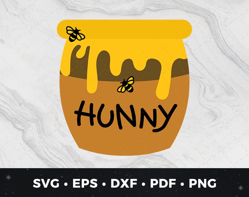 May include: A yellow honey jar with dripping honey and the word "Hunny" written in black. There are two black bees on the top of the jar.