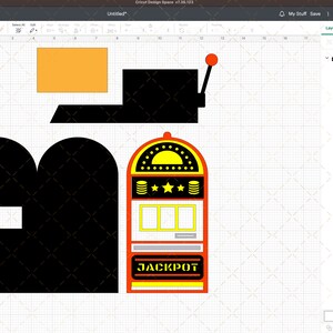 May include: A black and yellow slot machine with a red frame and a yellow star on the front. The slot machine has three windows with a yellow background and a gray border. The text "JACKPOT" is printed in black on the bottom of the machine.
