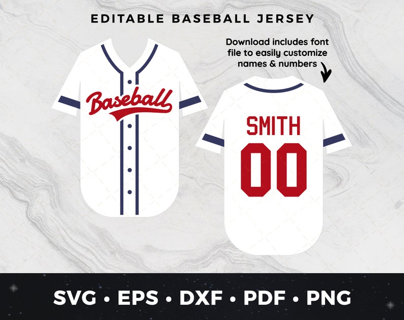 May include: Editable baseball jersey template with a white background, navy blue trim, and red text. The front of the jersey says "Baseball" in a red, cursive font. The back of the jersey says "SMITH" in red block letters above the number "00" in red block letters.