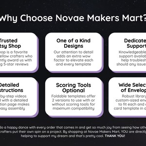 May include: A graphic with a black background and white stars. The text "Why Choose Novae Makers Mart?" is in a white box with a purple border.  There are six boxes with purple borders, each with a title and description. The titles are "Trusted Etsy Shop", "One of a Kind Designs", "Dedicated Support", "Detailed Instructions", "Scoring Tools Optional", and "Wide Selection of Envelopes".