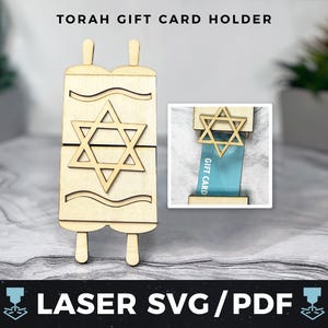 Tora Podarunkowa Karta Posiadacza Laser SVG, Bar/Bat Micwa Podarunkowa Karta Posiadacza Laser PDF, Chanuka Podarunkowa Karta Posiadacza, Uchwyt Na Pieniądze, Laser Drewniana Pamiątka