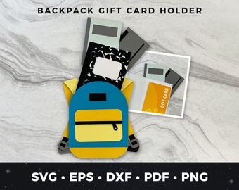 May include: A blue and yellow backpack with a zippered pocket. The backpack is filled with a stack of notebooks and a gift card. The gift card is yellow with the words "Gift Card" printed on it.