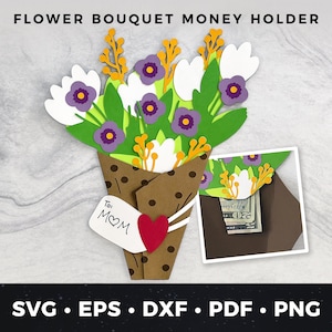 Buquê de flores Porta-dinheiro Porta-dinheiro svg Cartão de aniversário faça você mesmo Dia das Mães Porta-dinheiro DIY Artesanato em papel, Buquê de flores de papel