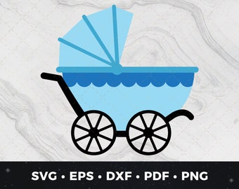 May include: A blue baby stroller with a white canopy and black wheels. The stroller is a common symbol for new life and parenthood.