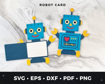 May include: A blue robot card with a white card inside. The robot has yellow arms and legs, a red heart, and a smiling face. The card says "ROBOT CARD" at the top.