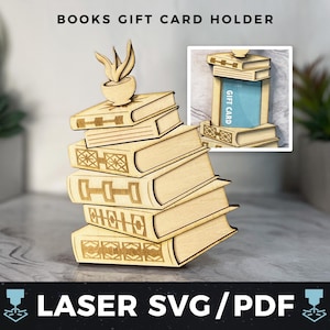 Portatarjetas de regalo con forma de pila de libros, SVG láser, tarjeta de regalo para amantes de los libros, PDF, portamonedas para lectura, regalo de biblioteca, recuerdo de madera con láser, regalo para maestros