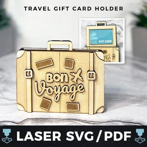 Titulaire de la carte-cadeau de voyage Laser SVG, carte-cadeau valise PDF, argent de voyage, cadeau valise, certificat de voyage, cadeau souvenir de voyage en bois laser