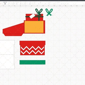 May include: A printable template for a Christmas gift box. The template includes a red box with a white chevron pattern, a green base, a yellow box, and a red box with a green bow. The template is designed to be cut out and assembled.