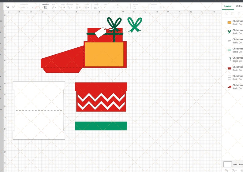 May include: A printable template for a Christmas gift box. The template includes a red box with a white chevron pattern, a green base, a yellow box, and a red box with a green bow. The template is designed to be cut out and assembled.