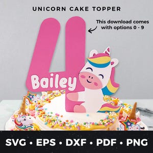 Unicorn Cake Topper SVG, Cute Unicorn Birthday Cake Topper Cut File, Custom Cake Topper pdf, Unicorn Party, Ages 1 2 3 4 5 6 7 8 9 Included