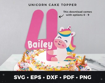 Unicorn Cake Topper SVG, Cute Unicorn Birthday Cake Topper Cut File, Custom Cake Topper pdf, Unicorn Party, Ages 1 2 3 4 5 6 7 8 9 Included