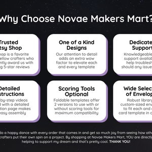 May include: A graphic with a black background and white stars. The text "Why Choose Novae Makers Mart?" is in a white box with a purple border.  There are six boxes with purple borders, each with a title and description. The titles are "Trusted Etsy Shop", "One of a Kind Designs", "Dedicated Support", "Detailed Instructions", "Scoring Tools Optional", and "Wide Selection of Envelopes".