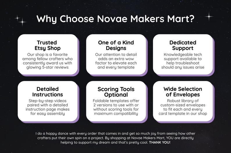May include: A graphic with a black background and white stars. The text "Why Choose Novae Makers Mart?" is in a white box with a purple border.  There are six boxes with purple borders, each with a title and description. The titles are "Trusted Etsy Shop", "One of a Kind Designs", "Dedicated Support", "Detailed Instructions", "Scoring Tools Optional", and "Wide Selection of Envelopes".