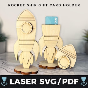 Porta-cartão-presente de foguete Laser SVG, PDF de presente com tema espacial, porta-dinheiro de foguete, presente de aniversário para crianças, lembrança de foguete de madeira a laser