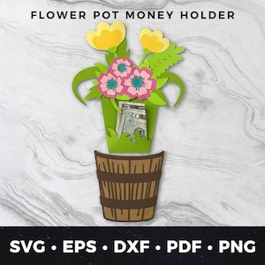Portamonedas con maceta, bricolaje, tarjeta de cumpleaños, portamonedas para el Día de la Madre, manualidades de papel, ramo de flores de papel, proyecto de Cricut para tarjetas