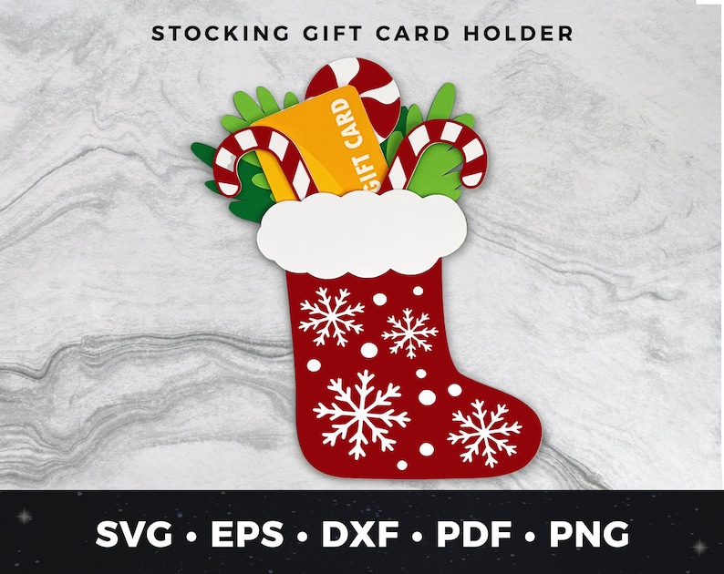 May include: Red and white stocking with a white cuff and a gift card inside. The stocking is decorated with snowflakes and white dots. The gift card is yellow with the words "Gift Card" printed on it. The stocking is surrounded by green leaves and red and white candy canes.