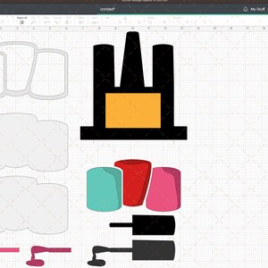May include: A digital design of a factory with a black silhouette and an orange window. There are also several nail polish bottles in various colors, including red, pink, teal, and turquoise.