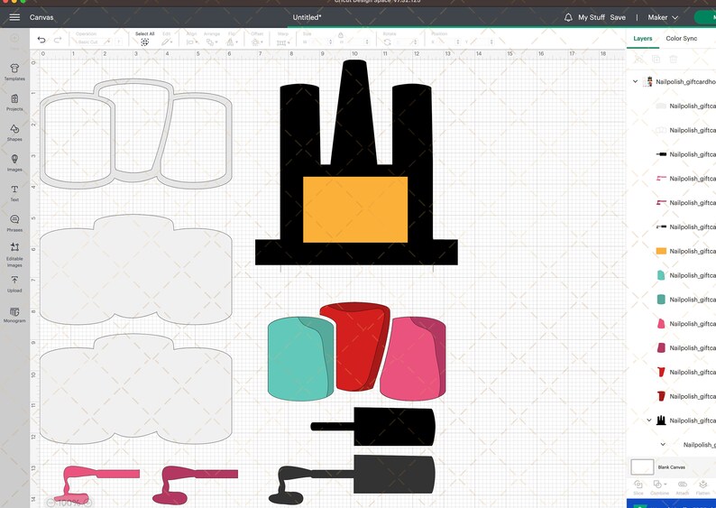 May include: A digital design of a factory with a black silhouette and an orange window. There are also several nail polish bottles in various colors, including red, pink, teal, and turquoise.