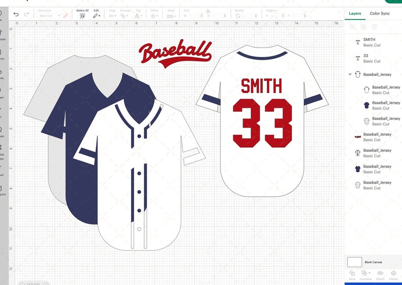 May include: A white baseball jersey with blue trim and a red number 33 on the back. The name "SMITH" is printed above the number. The jersey is on a white grid background.