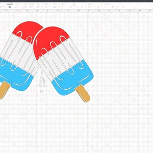 May include: Two red, white, and blue popsicles with a dripping effect. The popsicles are on a white grid background.
