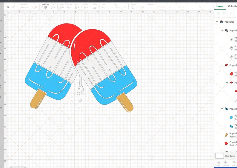 May include: Two red, white, and blue popsicles with a dripping effect. The popsicles are on a white grid background.