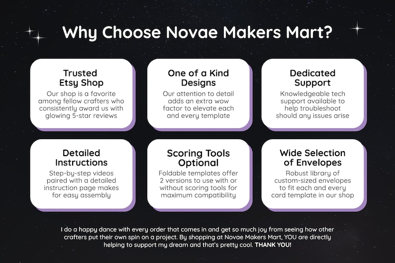 May include: A graphic with a black background and white stars. The text "Why Choose Novae Makers Mart?" is in a white box with a purple border.  There are six boxes with purple borders, each with a title and description. The titles are "Trusted Etsy Shop", "One of a Kind Designs", "Dedicated Support", "Detailed Instructions", "Scoring Tools Optional", and "Wide Selection of Envelopes".