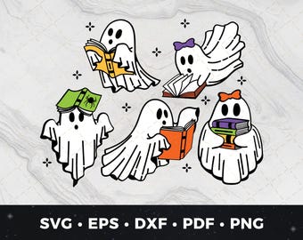 Cute Ghost Book SVG, Ghost Reading Books Vector, Halloween Book Lover pdf, Teacher png, Ghost Bookworm Graphics, Spooky Ghost Clipart
