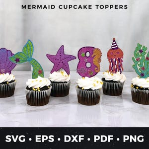 Sjöjungfru Cupcake Toppers SVG, Under the Sea Party Decor, Ocean Födelsedagstoppare, DIY Sjöjungfruparty Cricut Cut-fil, Havstema Tårttoppare