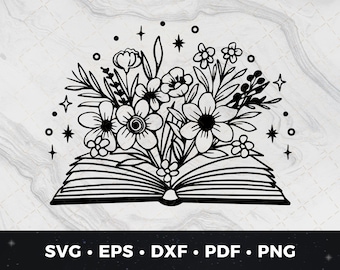 Può includere: Illustrazione in bianco e nero di un libro aperto con fiori e stelle intorno. Il libro è chiuso e ha un design semplice.