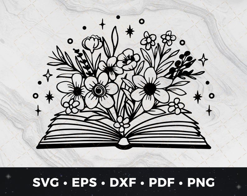 May include: Black and white illustration of an open book with flowers and stars around it. The book is closed and has a simple design.