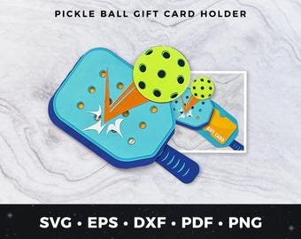 May include: A blue and orange pickleball paddle with a green pickleball on top. The paddle has a slot for a gift card and the text "Gift Card" is printed on the card.  The paddle is on a white background with the text "Pickleball Gift Card Holder" at the top.