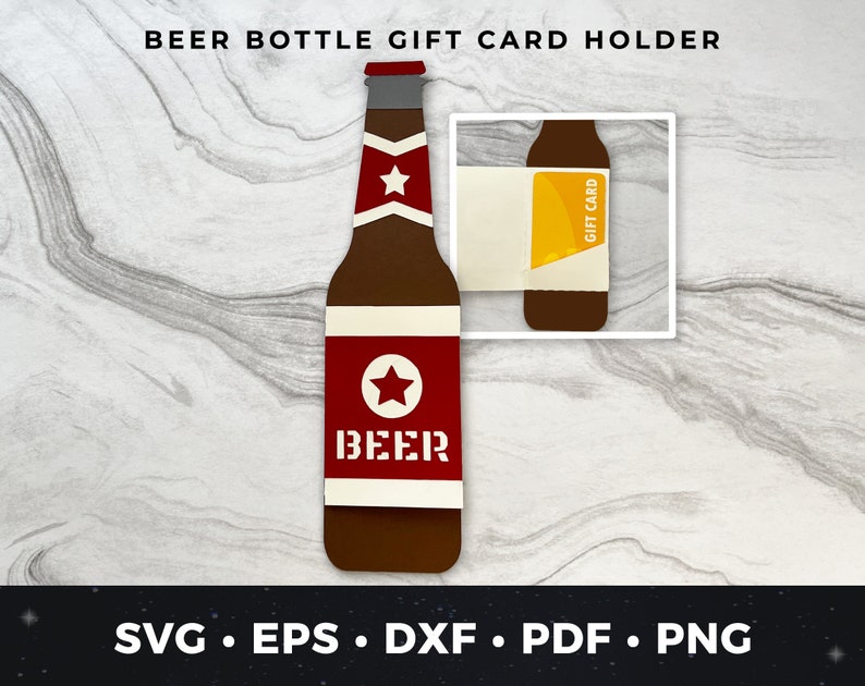 May include: A red and white beer bottle gift card holder with the word "BEER" printed on it. The holder is designed to fit a standard beer bottle and has a slot for a gift card.