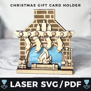 Christmas Gift Card Holder Laser SVG, Christmas Fireplace Gift Card PDF, Stocking Gift, Christmas Fireplace Cut File, Laser Wood Gift Card