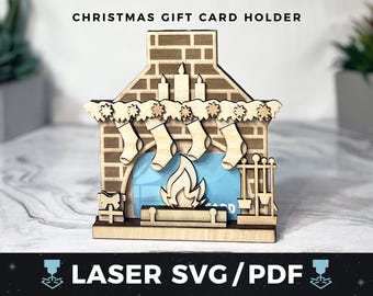 Christmas Gift Card Holder Laser SVG, Christmas Fireplace Gift Card PDF, Stocking Gift, Christmas Fireplace Cut File, Laser Wood Gift Card