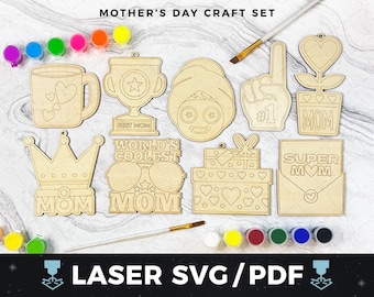 母の日オーナメントセット レーザーSVG、お母さんへのギフトカットファイル、子供向け母の日クラフト、レーザー木製オーナメント、お母さんへの特別なギフト