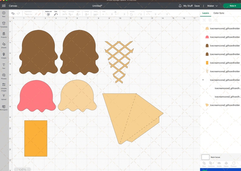 Peut inclure: Mod&egrave;le de conception num&eacute;rique pour un porte-carte cadeau en forme de cornet de glace imprimable. Le design comprend une boule de glace brune, rose et jaune, un cornet gaufr&eacute; et une base rectangulaire.