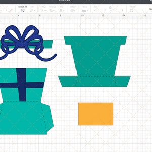 May include: A printable template for a teal gift box with a blue ribbon and bow. The template includes a separate piece for the box top and a separate piece for the base of the box.