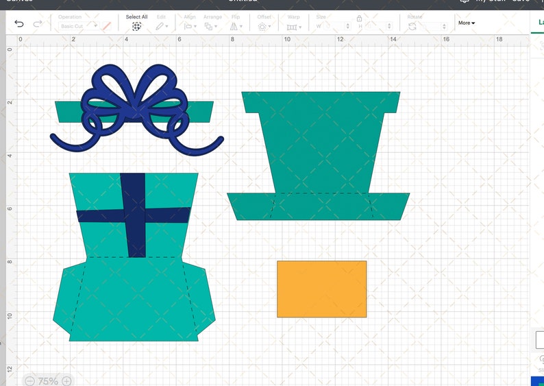 May include: A printable template for a teal gift box with a blue ribbon and bow. The template includes a separate piece for the box top and a separate piece for the base of the box.