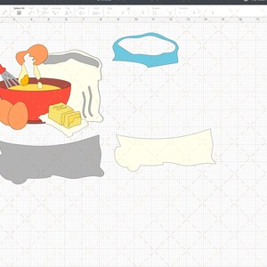 May include: A digital design for a baking themed craft project. The design includes a bowl of batter, two eggs, a bag of flour, a stick of butter, and a whisk. The design is in a light gray, yellow, orange, red, and blue color scheme.