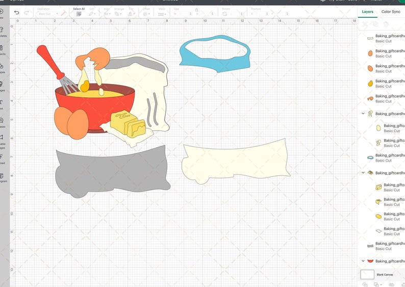 May include: A digital design for a baking themed craft project. The design includes a bowl of batter, two eggs, a bag of flour, a stick of butter, and a whisk. The design is in a light gray, yellow, orange, red, and blue color scheme.