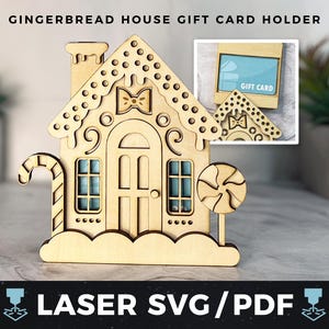 Portatarjetas de regalo con forma de casa de jengibre, SVG láser, PDF de tarjeta de regalo de Navidad, portamonedas para fiestas, recuerdo de pan de jengibre, regalo de Navidad de madera con láser