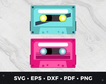 May include: Two vintage cassette tapes, one blue and one pink, with blank labels. The tapes are a popular retro design element.