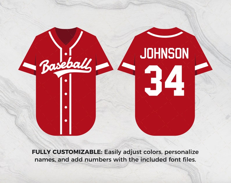 May include: Red baseball jersey with white sleeves and a white "Baseball" text on the front. The back of the jersey has a white "JOHNSON" name and a white number "34".