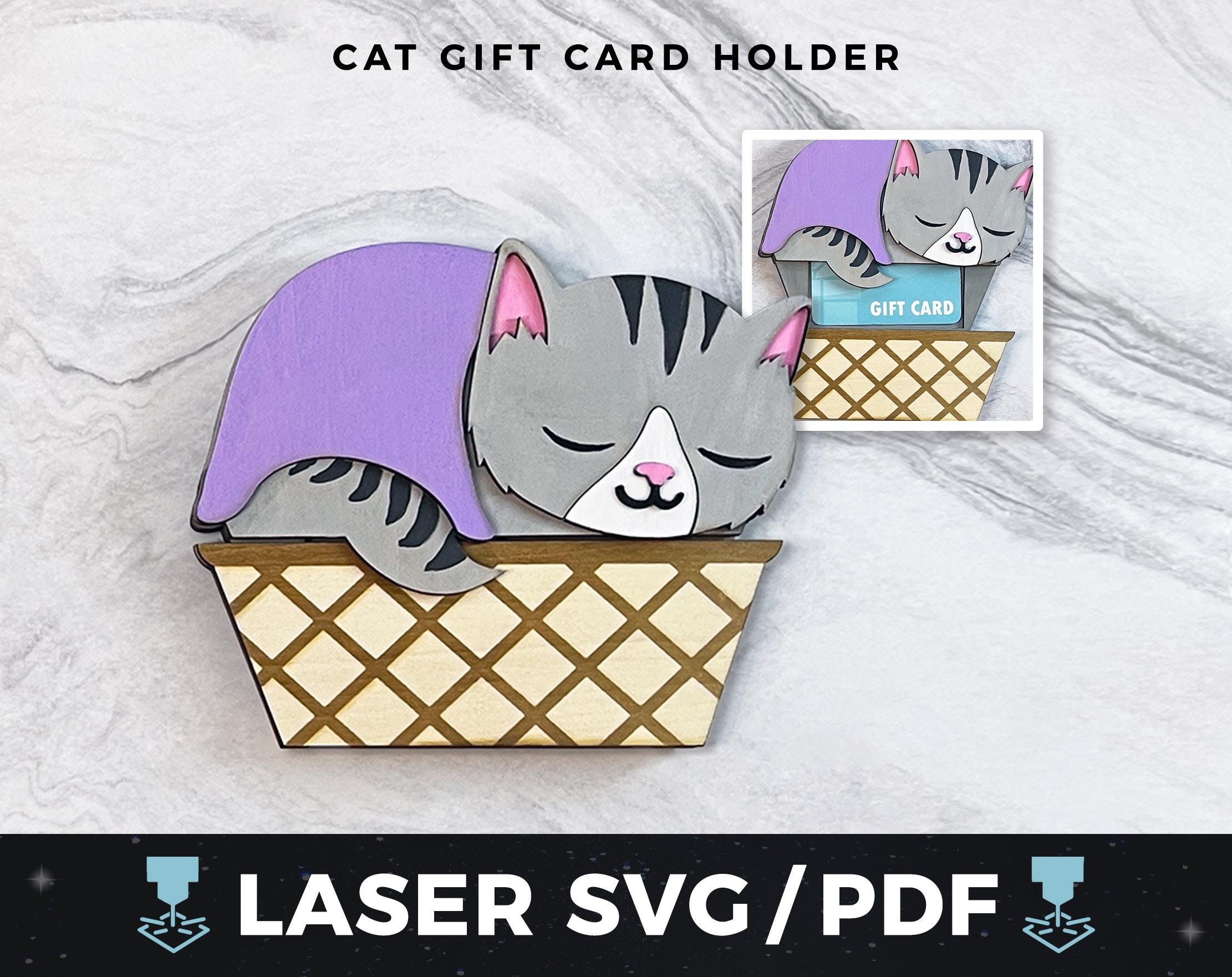 Cat Gift Card Holder Laser SVG, DIY Cat Lover Gift PDF, Cat Money Holder, Laser Wood Keepsake, Pet Lover Gift, Laser Ready Cut File svg pdf