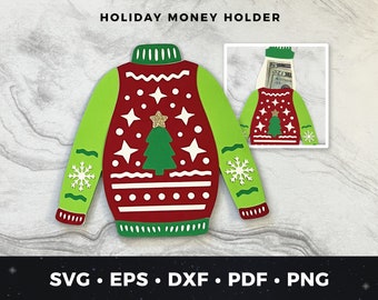Puede incluir: Un portamonedas de suéter navideño rojo y verde con un copo de nieve blanco y un diseño de árbol de Navidad verde. El texto "HOLIDAY MONEY HOLDER" está en la parte superior de la imagen. La imagen también incluye una imagen más pequeña del portamonedas con un billete de dólar dentro.